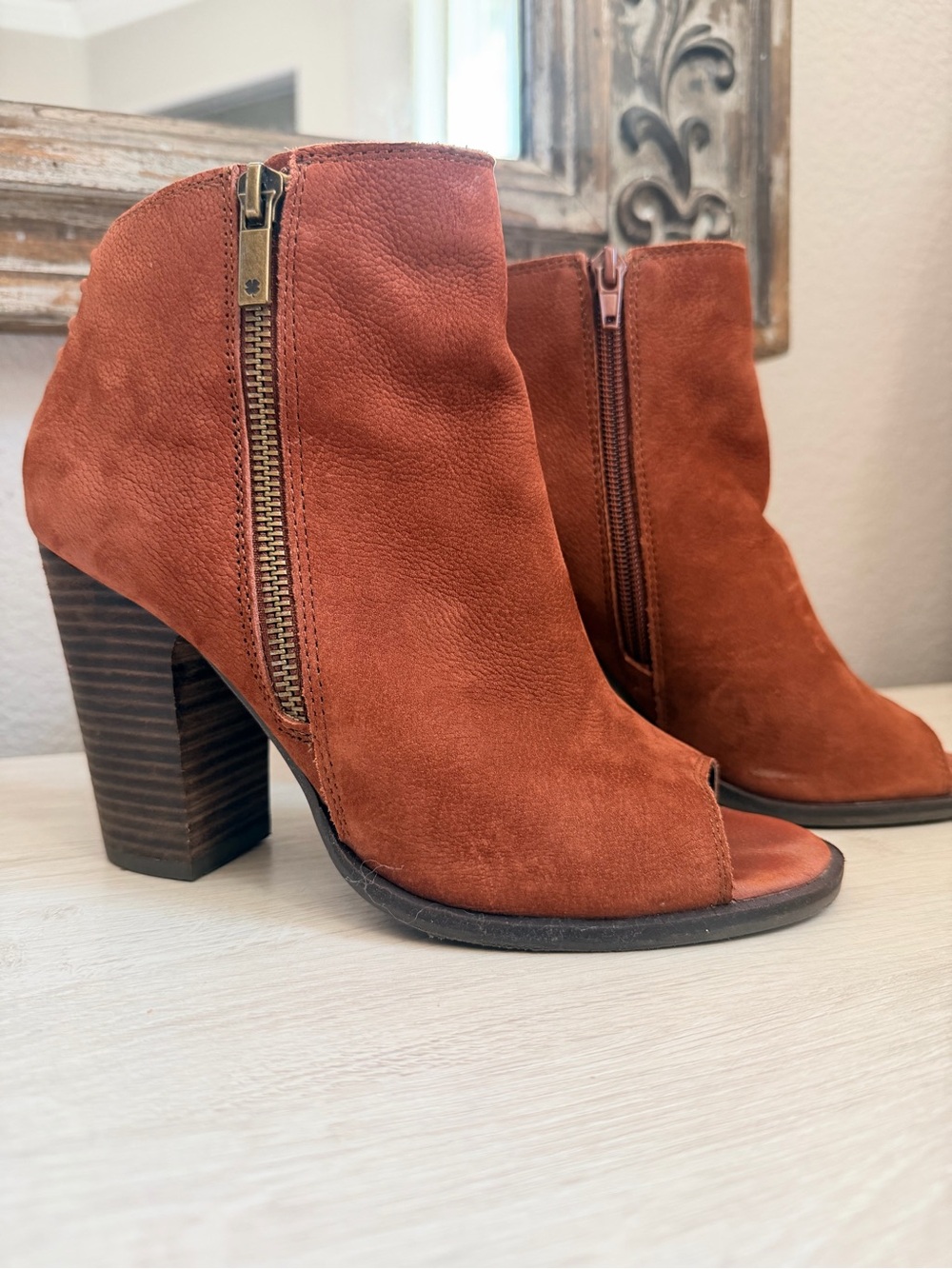 Lucky Brand Rust Suede Open-Toe Ankle Booties